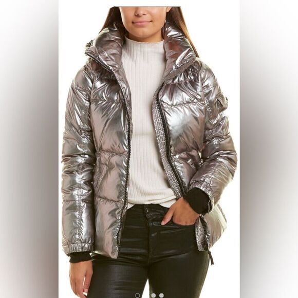 S13 Kylie Metallic Duck Down Feather Detachable Hooded Puffer Jacket - Picture 4 of 7